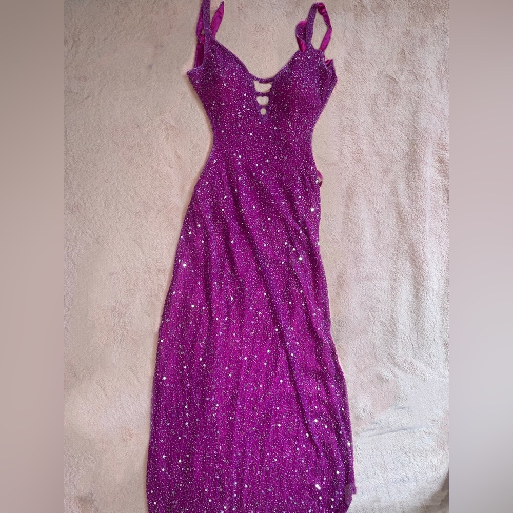 Long backless sequin purple dress with leg slit